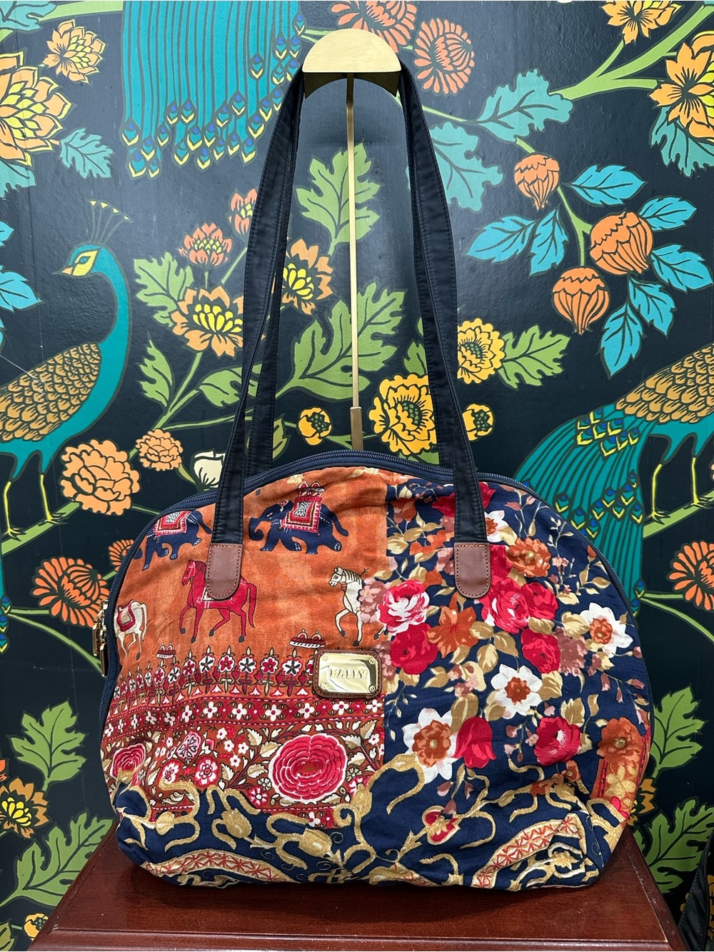 Vintage Bally Elephant Horse Floral Print Large Shoulder Tote - Picture 3 of 16